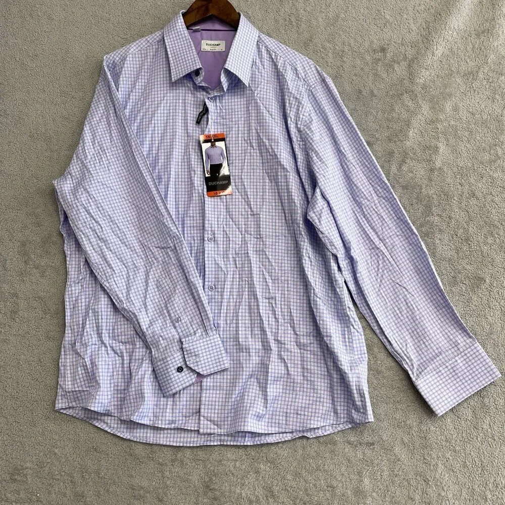 NEW Duchamp Men's 18 XXL Purple Checkered Dress Shirt Cotton Stretch Long Sleeve